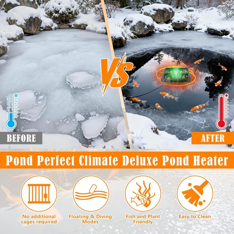 SprintGy Floating & Submersible Pond Heater, 1500W Pond Heaters for Outdoor Ponds with Fish, Thermostat Control Pond Deicer with Indicator Lights, Koi Pond Stock Tank Water Trough Heater for Winter - Image 2